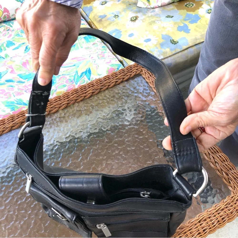 Black Leather Crossbody Bag with Multiple Pockets